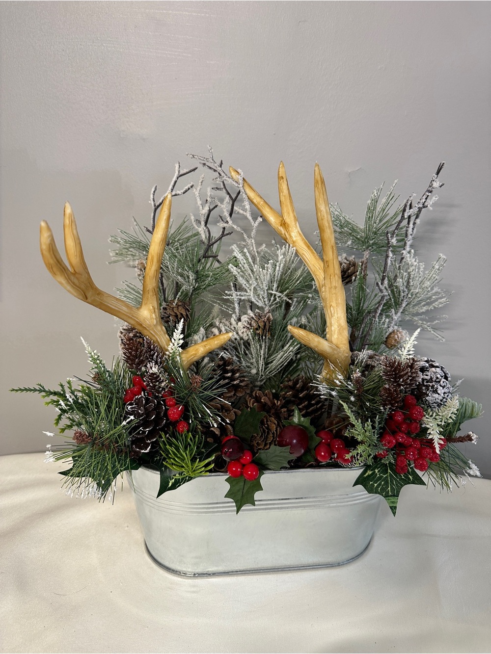 Festive Pine & Antler Holiday Centerpiece - Red & Green